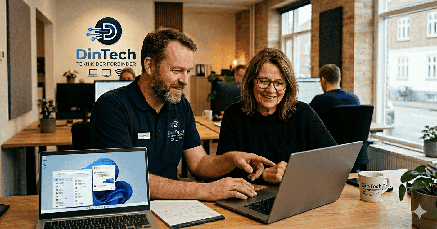 Mænd og kvinde arbejder sammen med laptops i et kontormiljø, DinTech logo synligt.