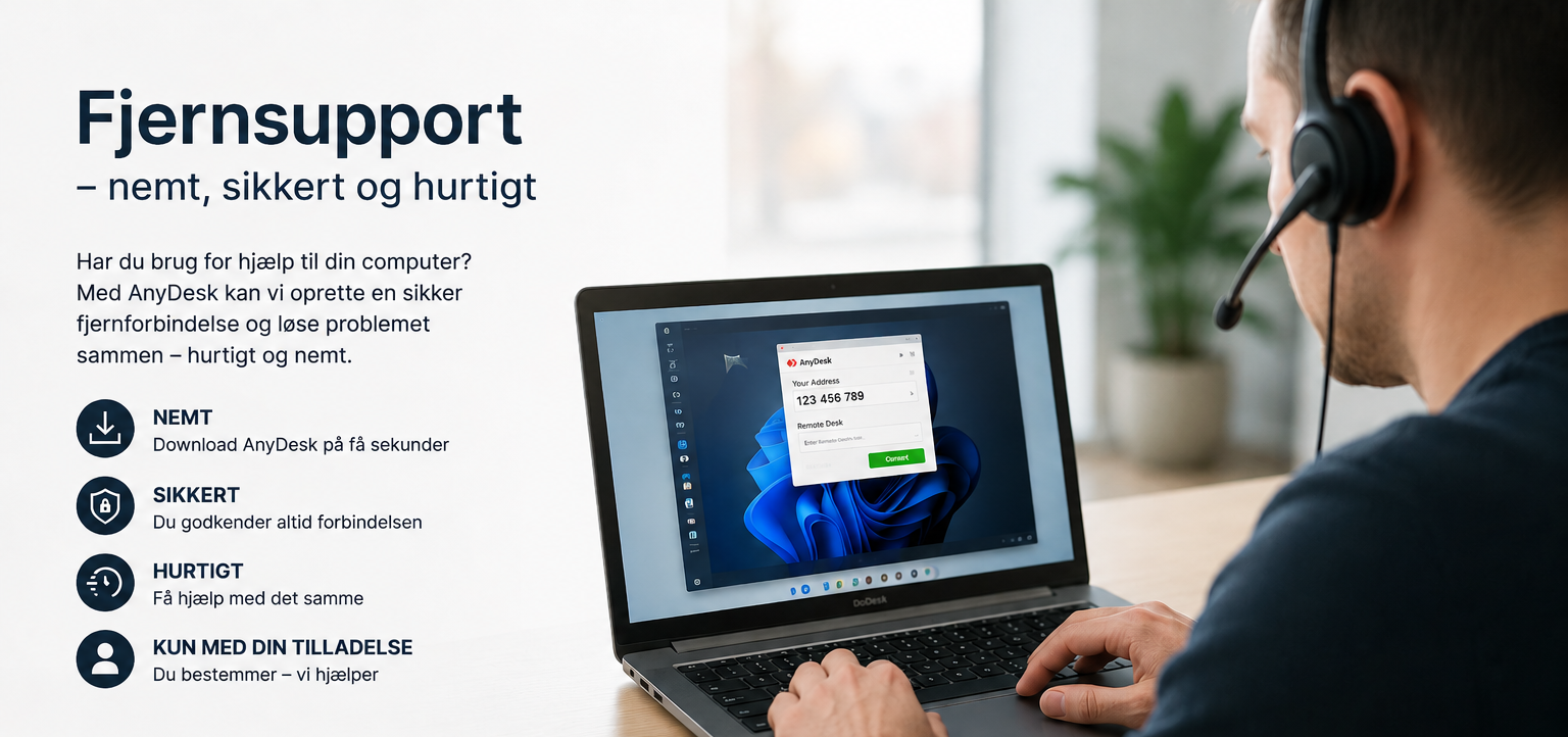 Fjernsupport via computer hvor tekniker hjælper kunde med IT problemer online