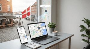 bord med bærbar og smartphone som er seo og geo optimeret